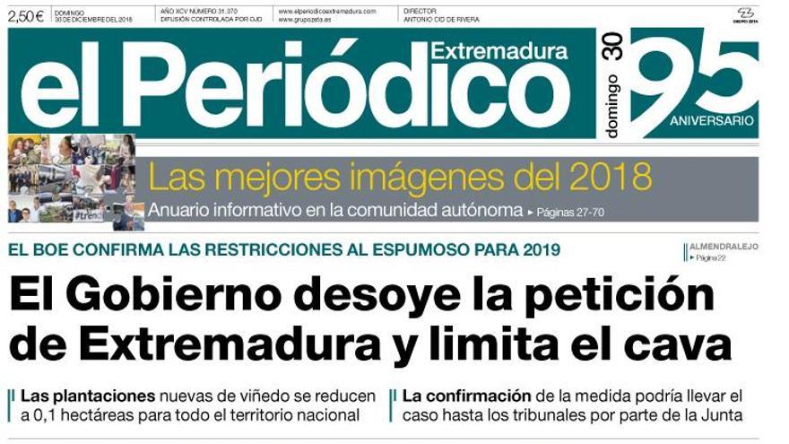 Esta es la portada de EL PERIÓDICO EXTREMADURA correspondiente al día 30 de diciembre del 2018