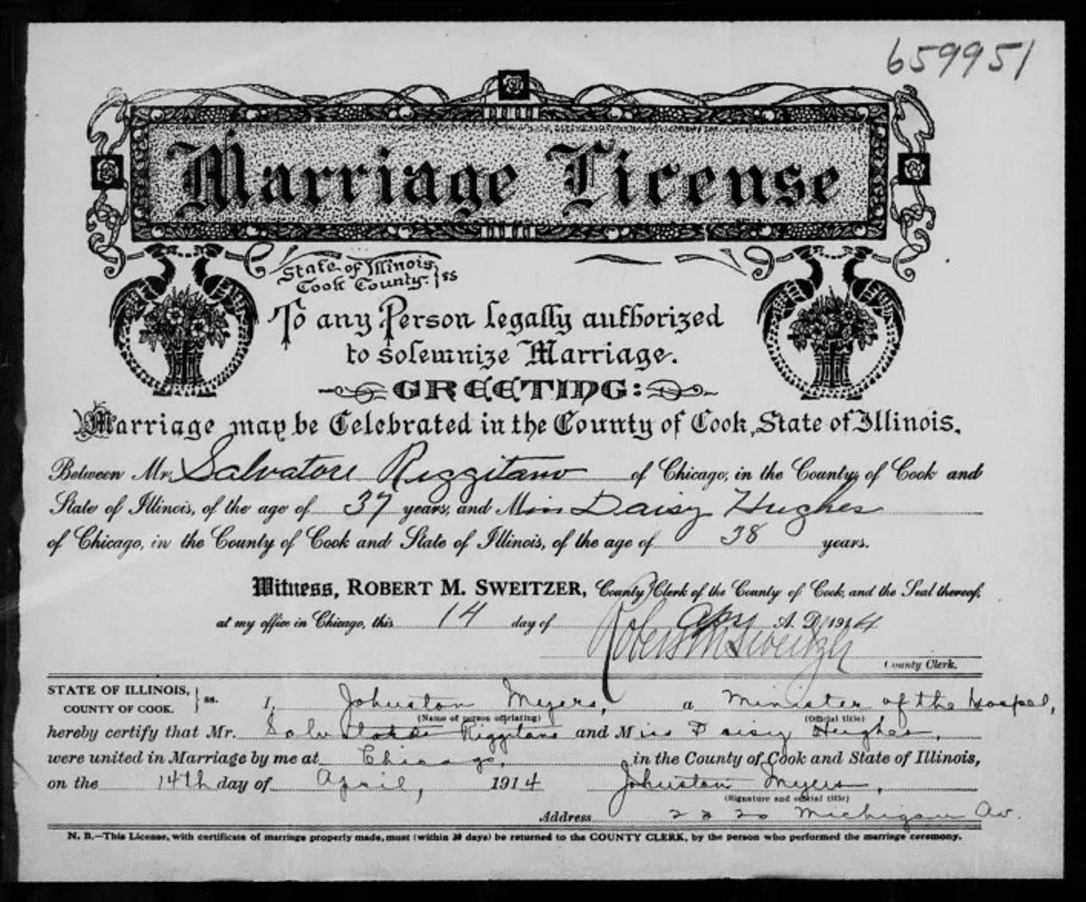 Certificado matrimonial entre Salvatore Riggitano, abuelo del papa, y Daisy Hughes, 1914