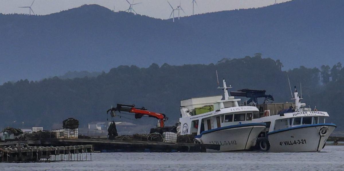 Dos barcos auxiliares de asuicultura abarloados en una batea de mejilón.