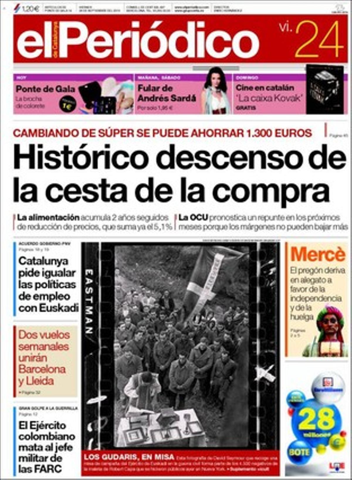 EL PERIÓDICO destaca a dins que Ribó fitxa el diputat del PP que el va ’perpetuar’ en el càrrec de Síndic de Greuges, que el coure robat a Telefónica aquest any equival a una línia Barcelona-Alacant, que Barcelona projecta prohibir l’accés d’autocars a la Sagrada Família, que els amos dels infrapisos del Raval demanen als veïns que marxin, que Catalunya estrena avui a Sabadell la seva pista coberta d’atletisme, que un còmic es mofa del Sarkozy lligon i que la maleta mexicana amb els negatius de la guerra civil espanyola de Capa, Taro i Chim s’exhibeix des d’avui a Nova York.