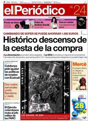 EL PERIÓDICO destaca a dins que Ribó fitxa el diputat del PP que el va ’perpetuar’ en el càrrec de Síndic de Greuges, que el coure robat a Telefónica aquest any equival a una línia Barcelona-Alacant, que Barcelona projecta prohibir l’accés d’autocars a la Sagrada Família, que els amos dels infrapisos del Raval demanen als veïns que marxin, que Catalunya estrena avui a Sabadell la seva pista coberta d’atletisme, que un còmic es mofa del Sarkozy lligon i que la maleta mexicana amb els negatius de la guerra civil espanyola de Capa, Taro i Chim s’exhibeix des d’avui a Nova York.