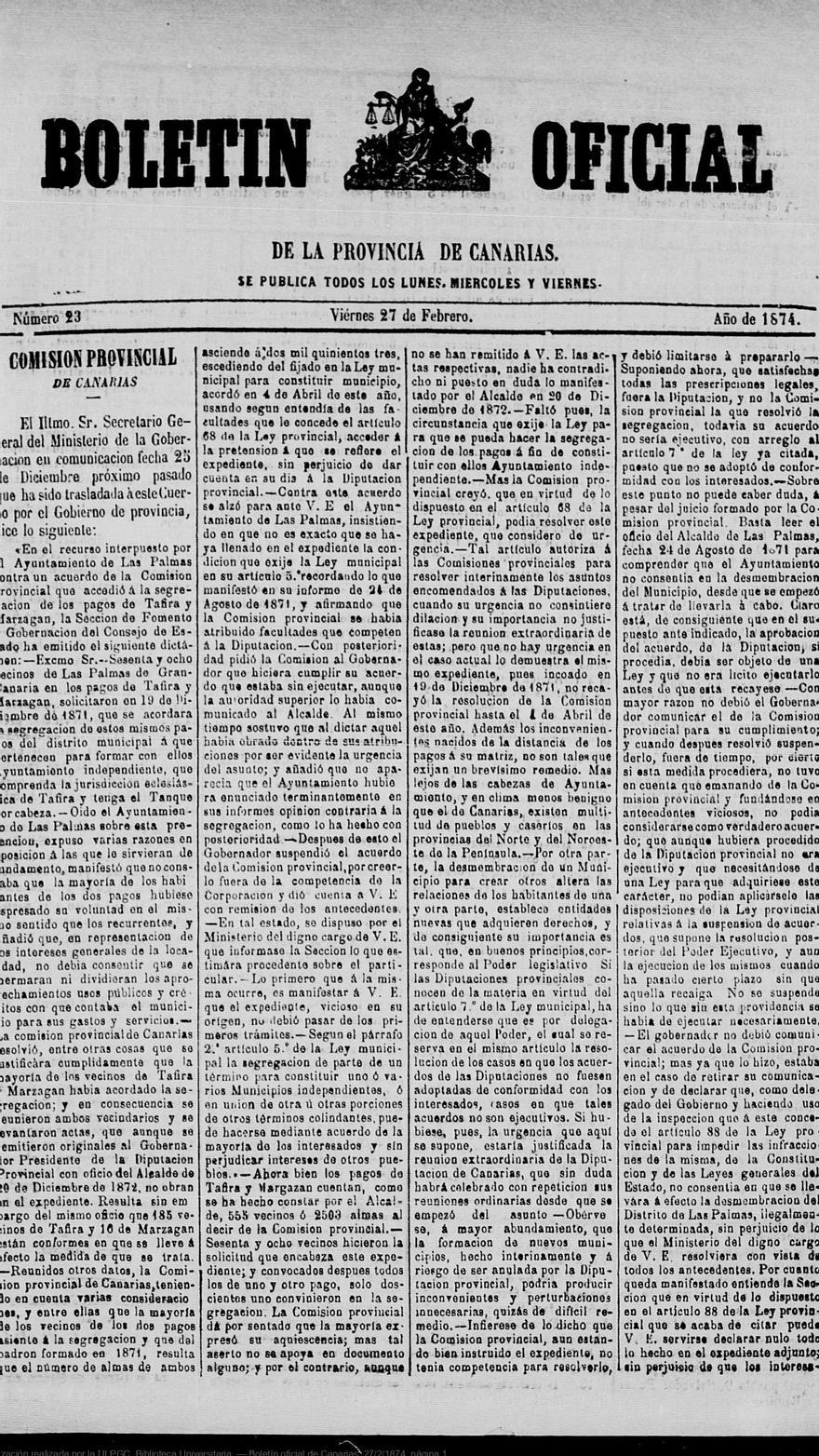 Boletín Oficial de Canarias, 27 de febrero de 1874