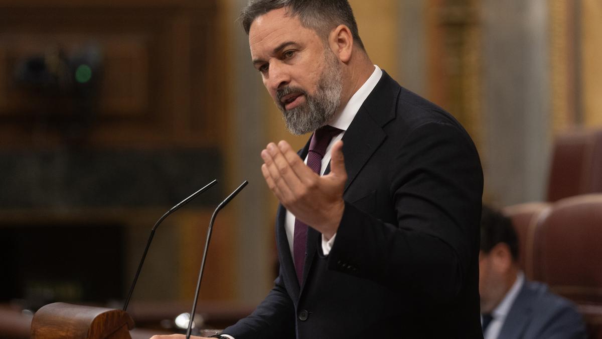 El líder de VOX, Santiago Abascal, interviene durante una sesión extraordinaria en el Congreso de los Diputados, a 17 de julio de 2024, en Madrid (España).