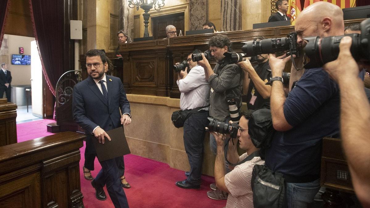 El president de la Generalitat, Pere Aragonès, este viernes el Parlament.