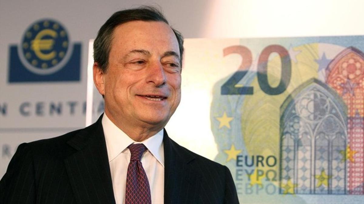 El presidente del BCE, Mario Draghi, durante la presentación del nuevo billete de 20 euros, el pasado 24 de febrero.