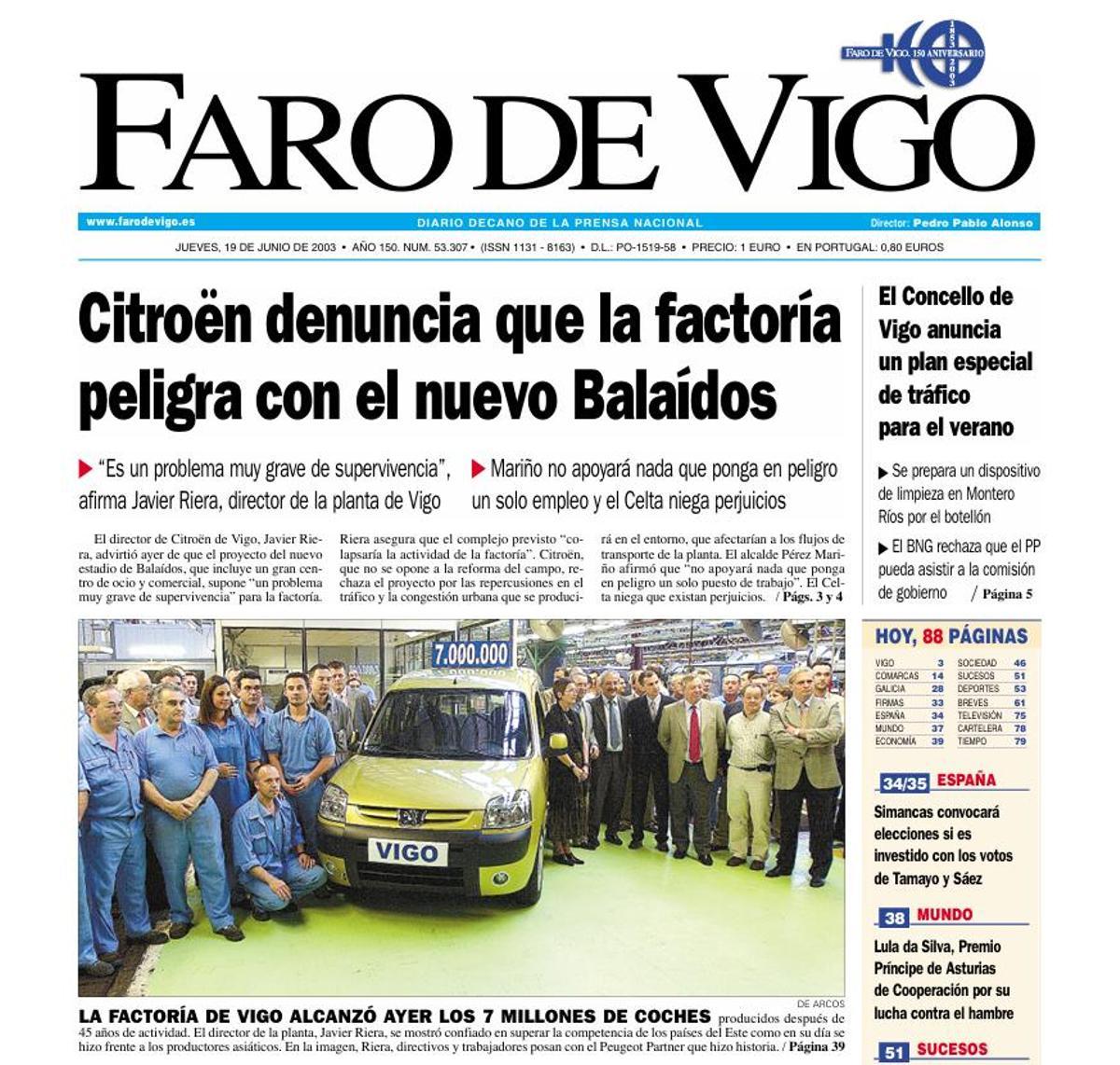 La portada de FARO en 2003 con la Partner número 7 millones
