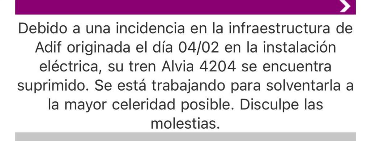 Mensaje erróneo de Renfe a los viajeros sobre la cancelación del Alvia que salía a las 07.30 horas esta mañana
