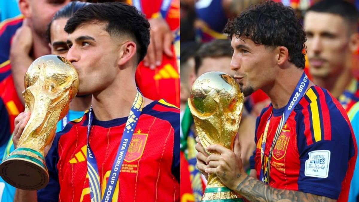 Los canarios campeones del mundo Pedri y Yeremy Pino besando la copa dorada.