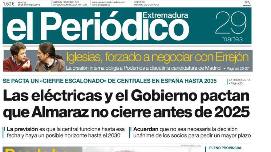 Esta es la portada de EL PERIÓDICO EXTREMADURA correspondiente al día 29 de enero del 2019