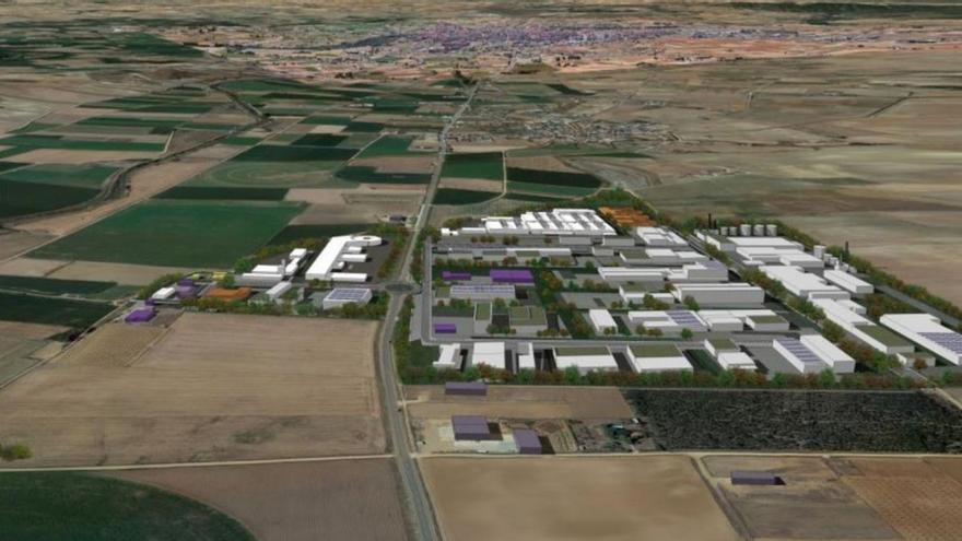 Recreación del nuevo polígono con las industrias asentadas a ambos lados de la carretera CL-612 y la ciudad de Zamora al fondo. | Cedida