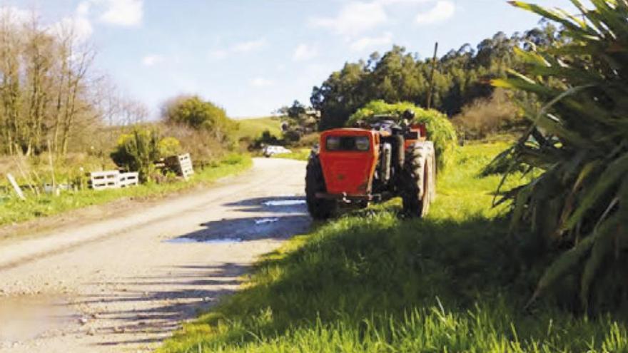 Camino de Feáns a Castro de Elviña, con un tractor agrícola en uno de sus márgenes.