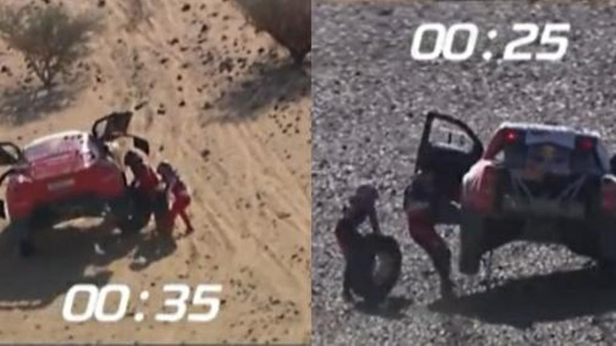 Cambio de rueda de Loeb y Al-Attiyah en pleno Dakar