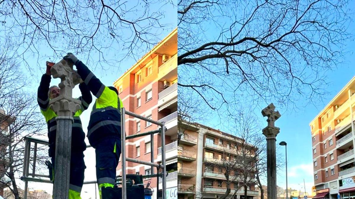 La col·locació de l'escultura a la plaça Creu de la Mà.