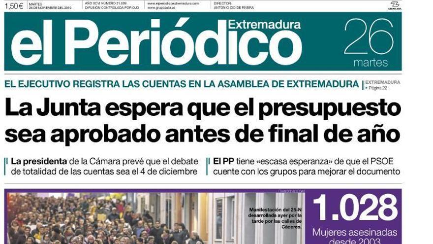 Esta es la portada de EL PERIÓDICO EXTREMADURA correspondiente al día 26 de noviembre del 2019