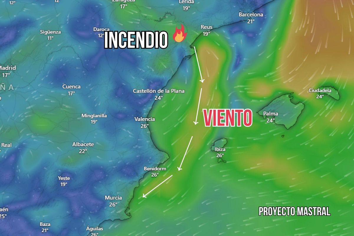 Incendio y trayectoria del viento según Proyecto Mastral
