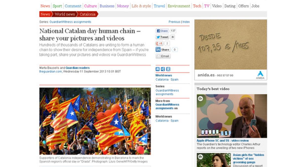 'The Guardian' pide a sus lectores que envien fotos y videos de la Via Catalana