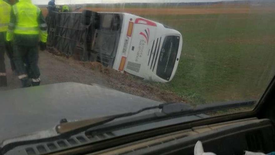 Autobús volcado sobre el sembrado de una parcela.