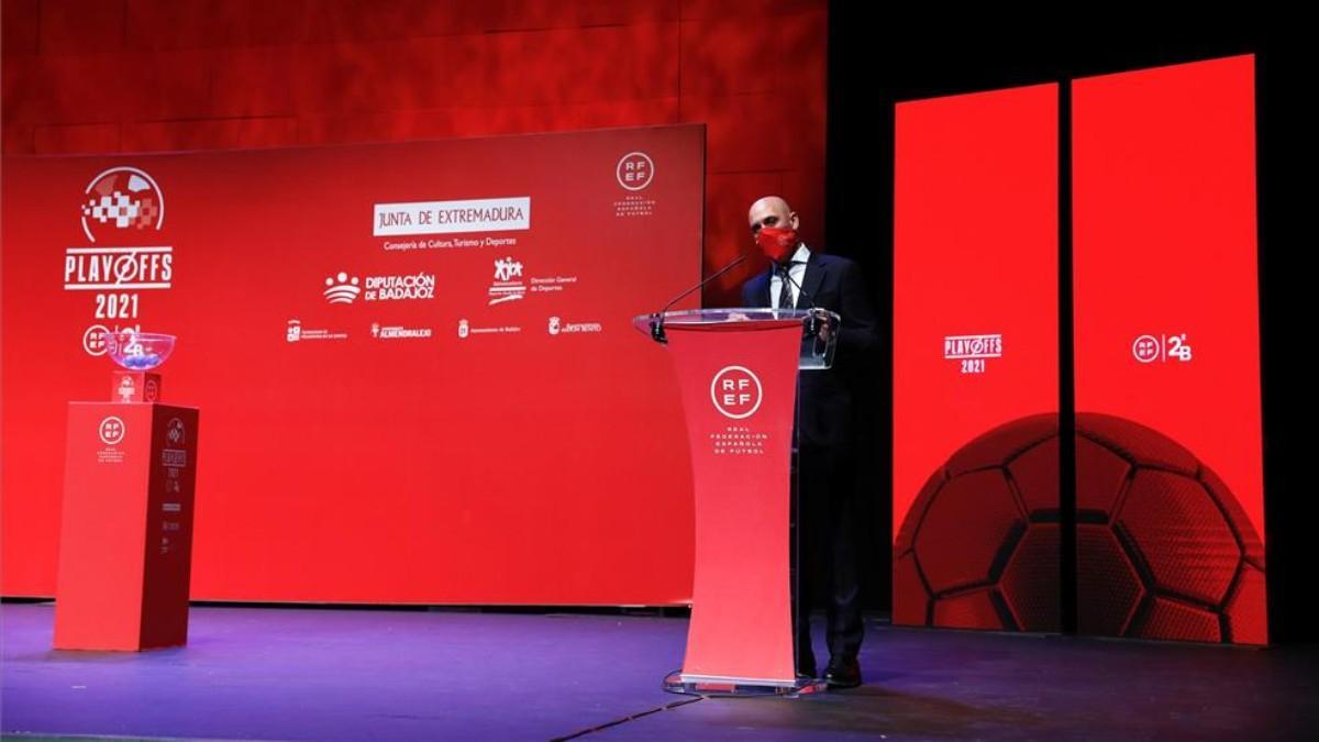 Luis Rubiales, durante el acto del sorteo del play-off de ascenso a Segunda.