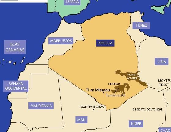 Mapa de Ti-m Missaou, donde se hallaron las escrituras ibéricasy los parques naturales de Hoggar, y la ciudad de Tamanrasset. | | LP