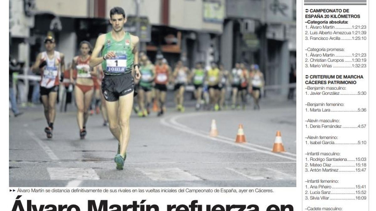 Extracto en El Periódico Extremadura de la victoria de Álvaro Martín en Cáceres el 20 de marzo de 2016.