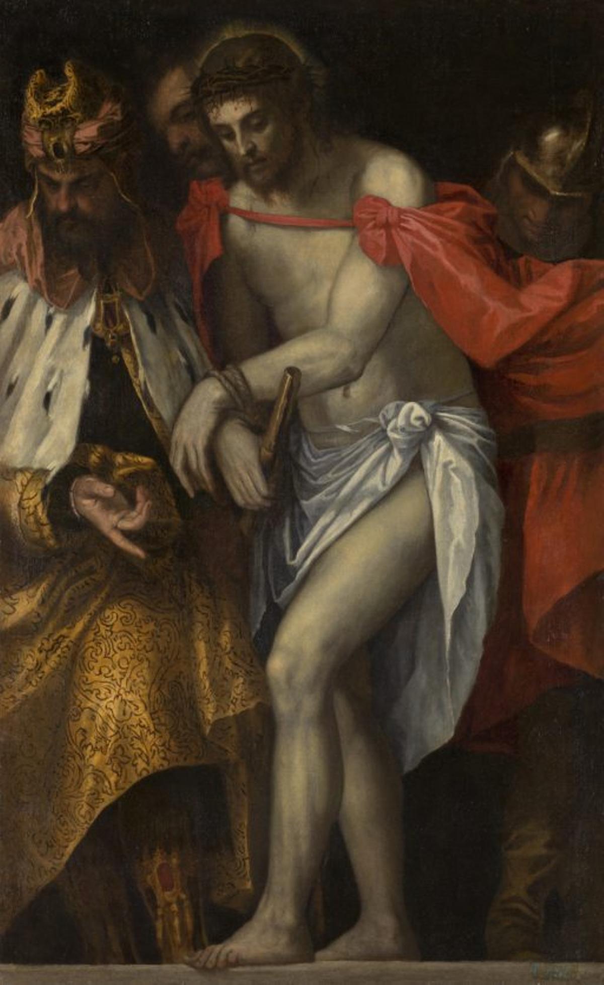 Por la izquierda, «Acantilados de la costa cantábrica», del gijonés Martínez Abades; «La promesa, después del temporal, Asturias», de Álvarez Sala; y «Cristo presentado al pueblo».