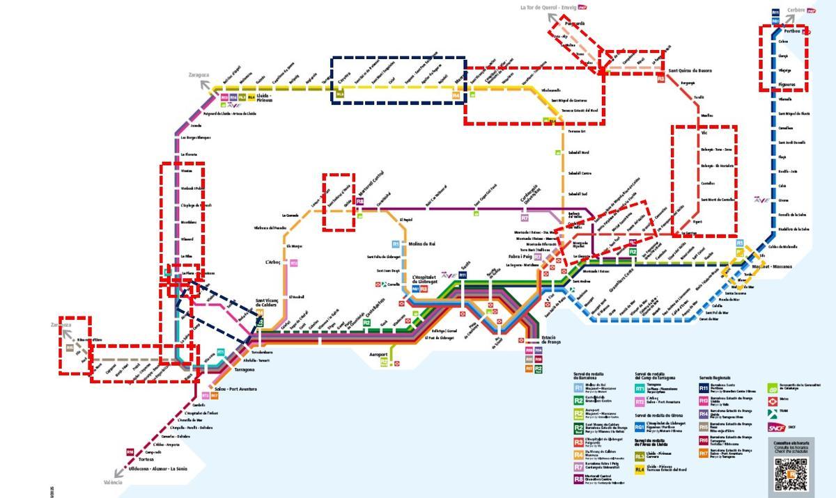 Tramos con la circulación interrumpida debido a la revisión de puntos vulnerables que presenta la infraestructura. A estos se han añadido los túneles del Garraf de la R2 sur y la línea R1 entre Badalona y Montgat.