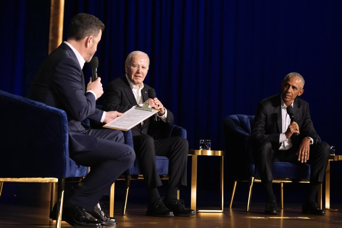 President Joe Biden listens during a campaign event with former President Barack Obama moderated by Jimmy Kimmel at the Peacock Theater, Saturday, June 15, 2024, in Los Angeles. (AP Photo/Alex Brandon)