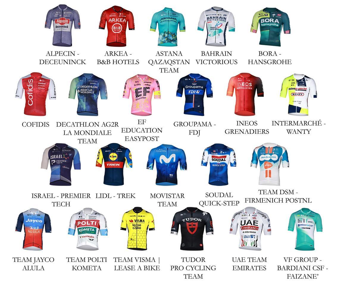 Los maillots de los equipos participantes en el Giro de Italia 2024.