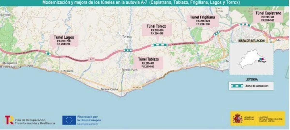 Mapa sobre afectaciones al tráfico en la autovía A-7 por obras de mejora en túneles en Nerja y en Torrox