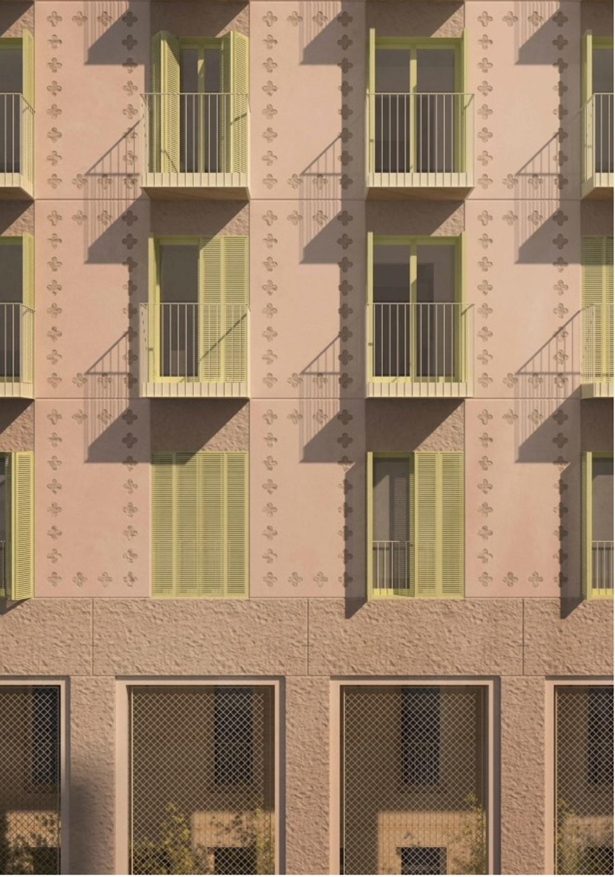 Recreación de un detalle de la fachada del futuro edificio de Gran Via con Nàpols, inspirado en el 'panot' de Barcelona.