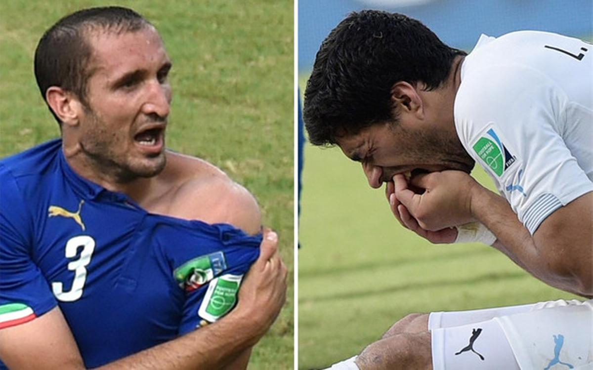 El momento del mordisco de Luis Suárez a Chiellini.