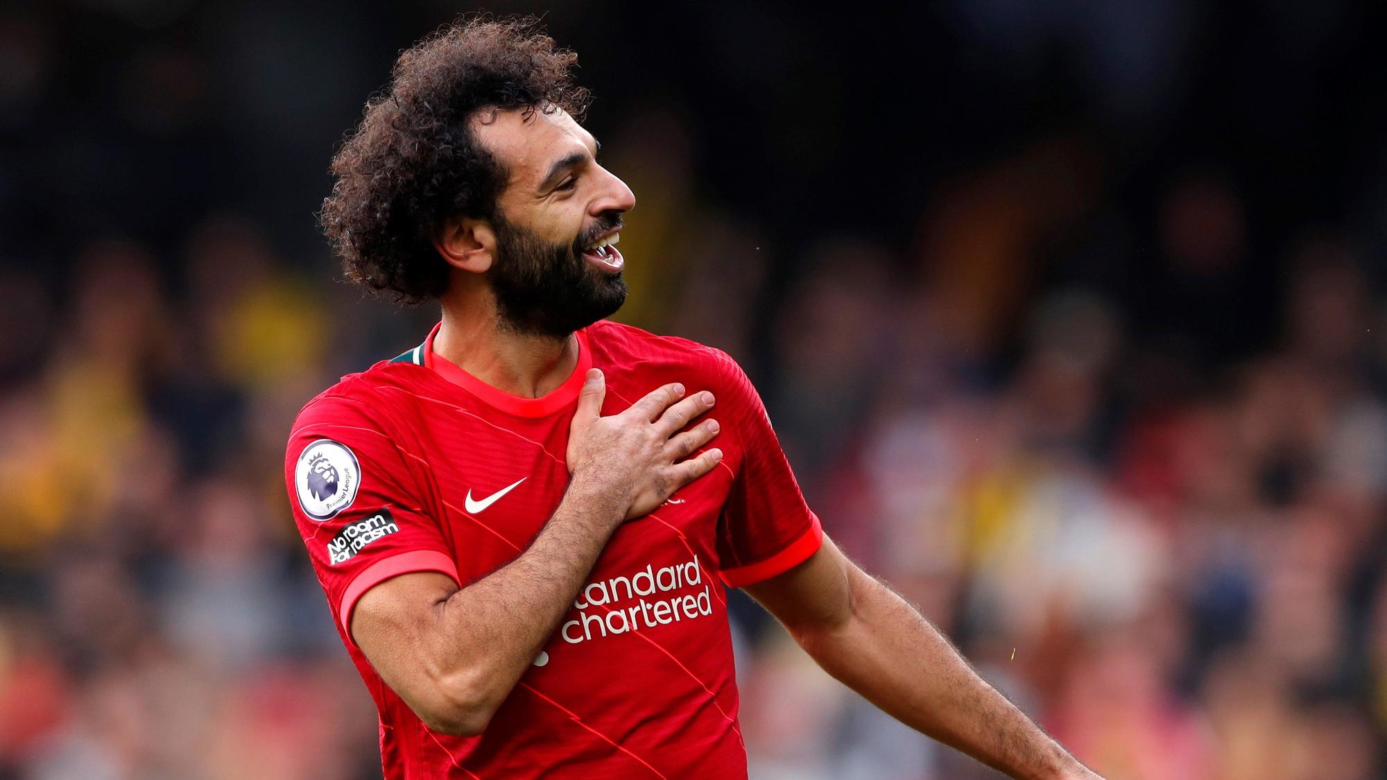 Salah celebra el cuarto gol del Liverpool al Watford.