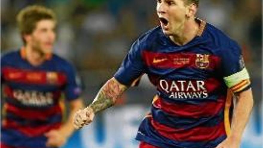 Messi celebra un dels gols que va marcar a la Supercopa d&#039;Europa.