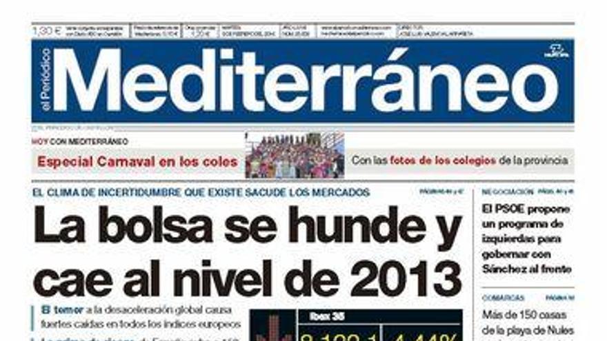 La bolsa se hunde y cae al nivel de 2013, en la portada de Mediterráneo