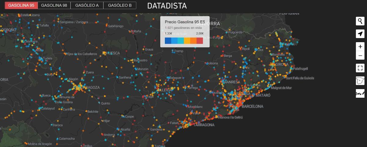 Mapa de Datadista con los precios de los combustibles.