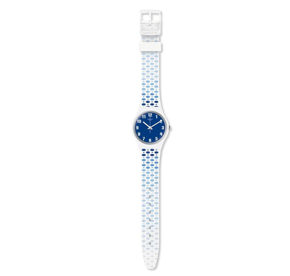 Reloj Swatch con correa blanca y lunares azules. (Precio: 60 euros)