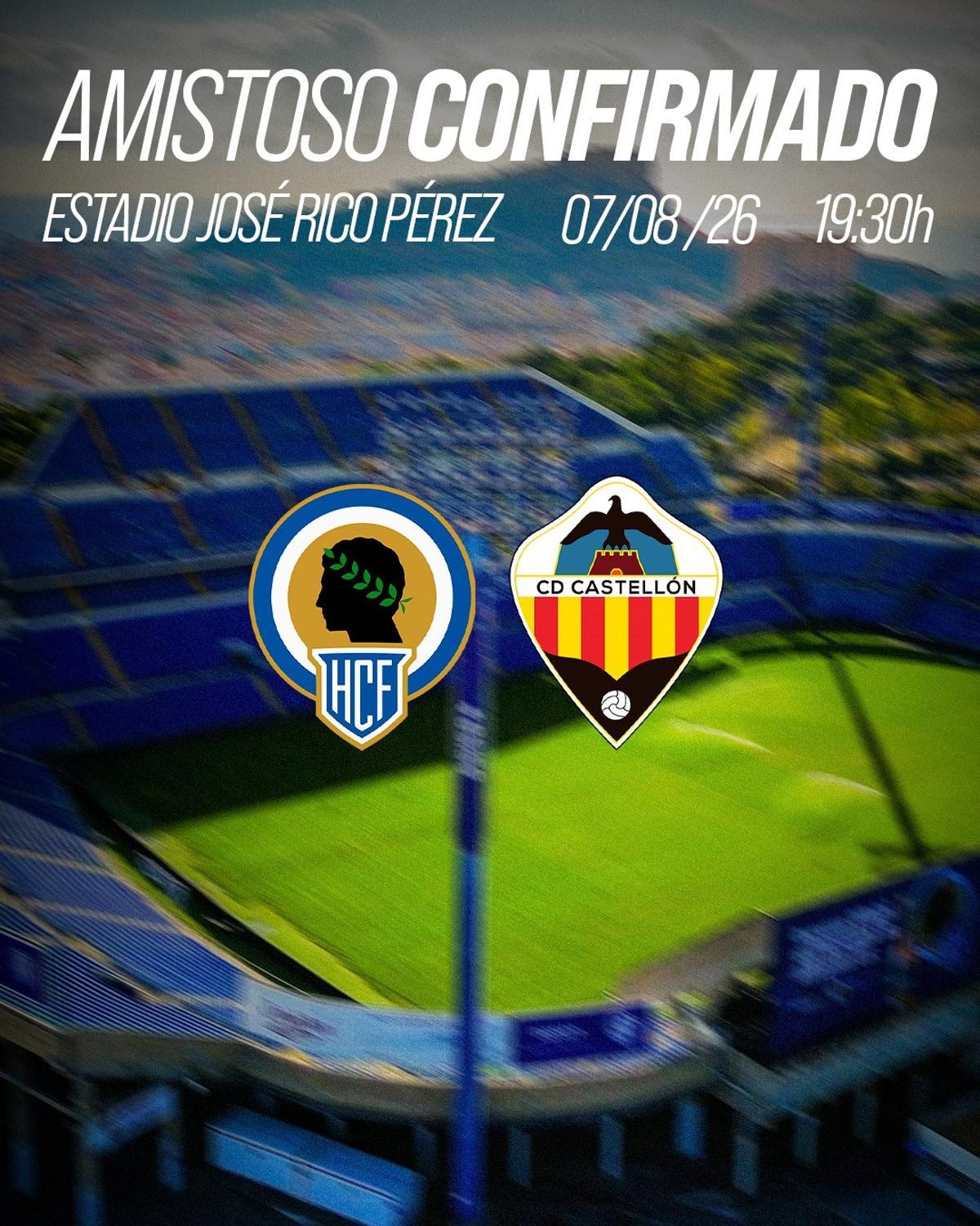 Anuncio oficial del partido de preparación que disputara el Hércules frente al Castellón, de Segunda División.