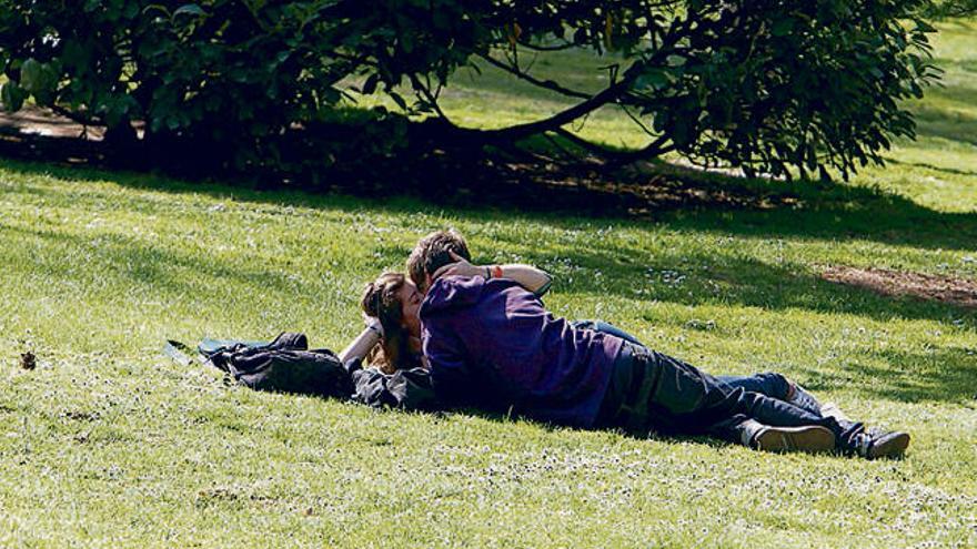 Una pareja se besa en un parque. // Efe