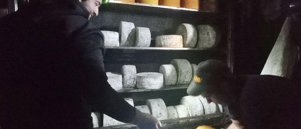 Rubén Remis (a la izquierda) y su hermano Enrique, en la cueva de maduración de gamonéu del puertu. | E.S.R.