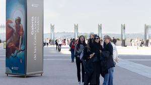 Grupo de turistas tomándose una fotografía, en las inmediaciones del Palacio Real de Madrid.