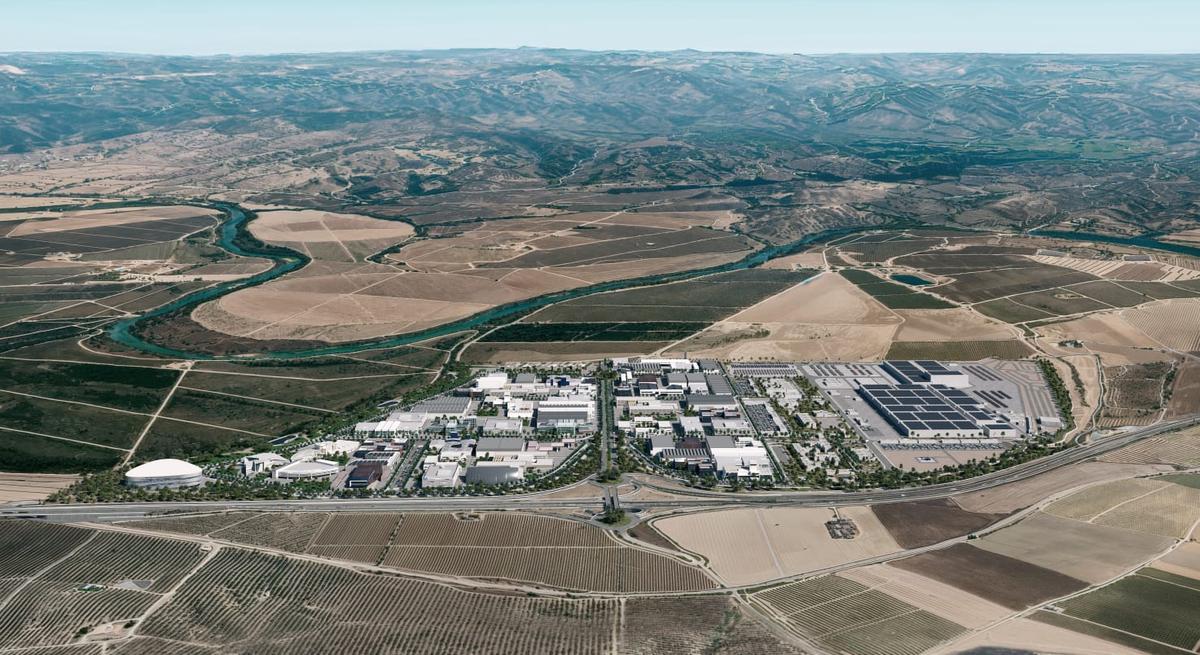 Una imagen virtual del polígono industrial de La Rinconada, ya construido, con la BLET a la derecha.