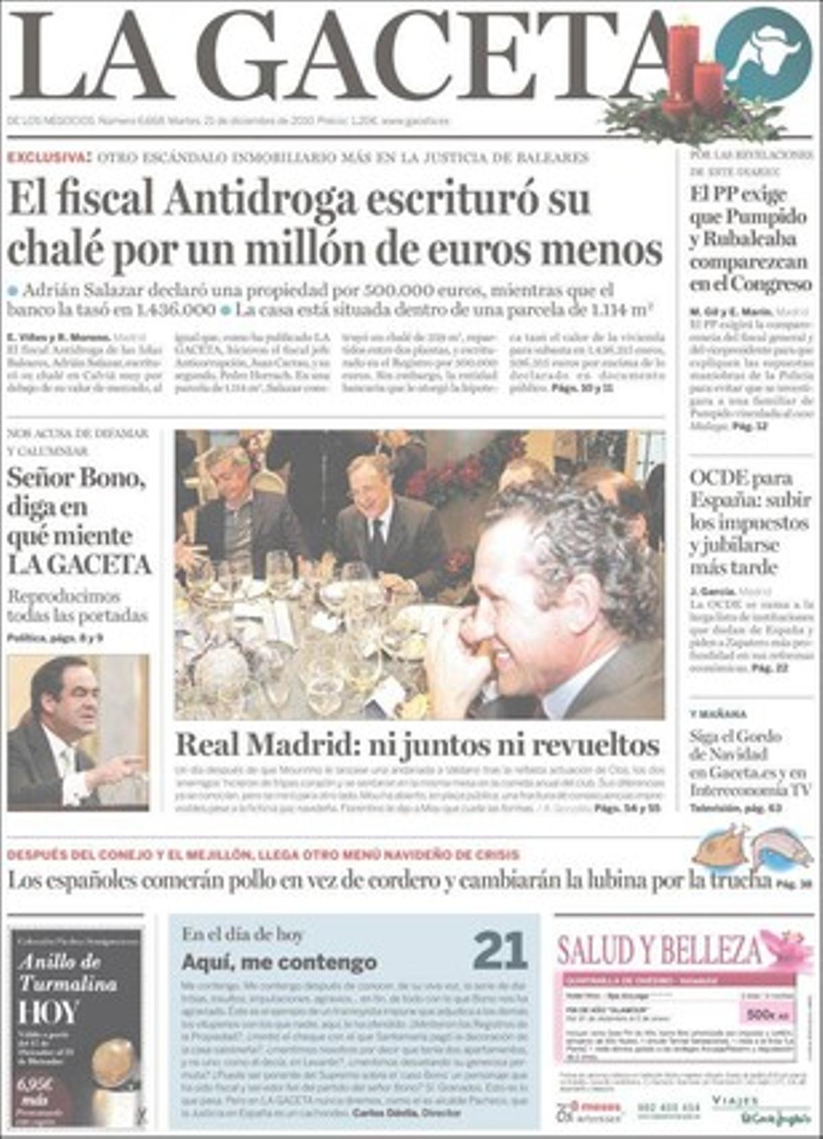 ’La Gaceta’ ressalta a més que Florentino demana a Mourinho en el dinar de Nadal que cuidi les formes.