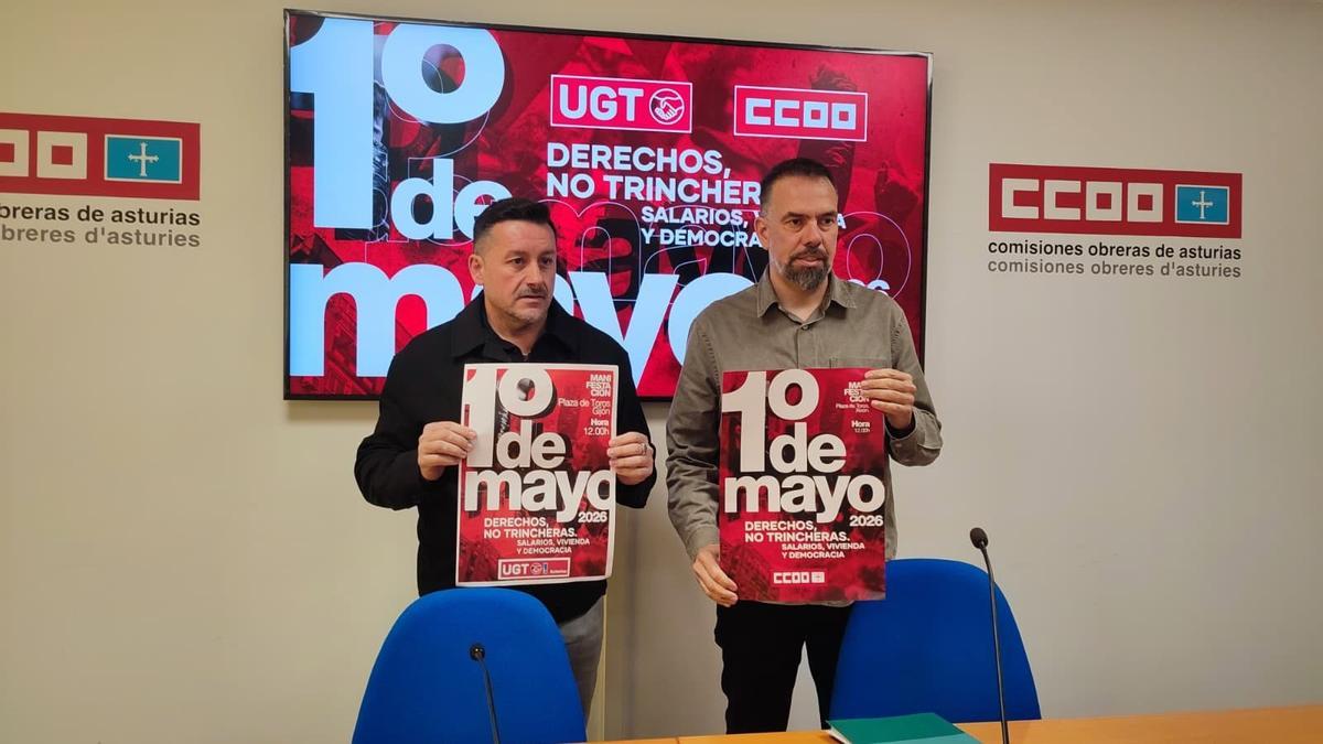 Javier Fernández Lanero (UGT) y José Manuel Zapico (CC OO), en la presentación de los actos de Primero de Mayo.