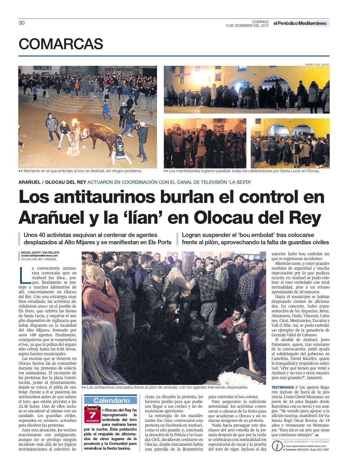 'Mediterráneo' se hizo eco de lo ocurrido en la noche del 5 de diciembre del 2015 en Arañuel y en Olocau del Rey.