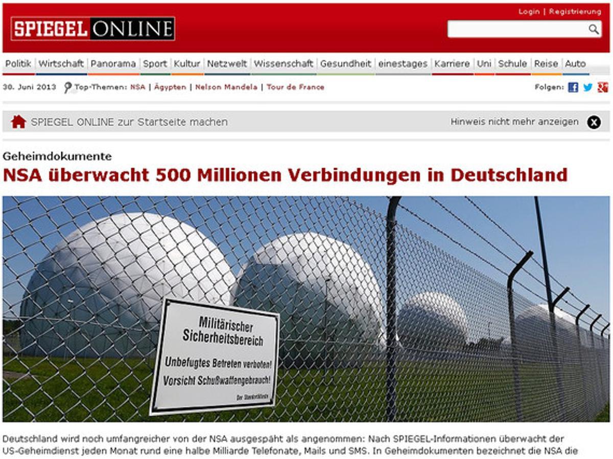 La portada de la web de 'Der Spiegel' sobre el espionaje de EEUU en Alemania.