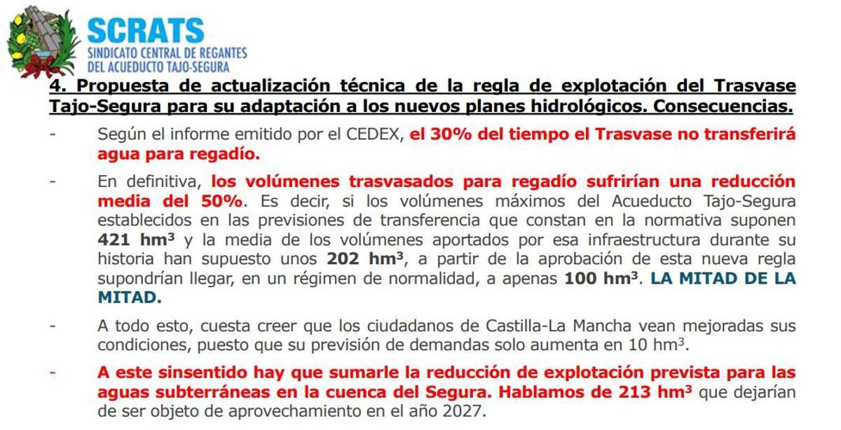 Extraco de la exposición del SCRATS sobre las consecuencias del recorte del trasvase