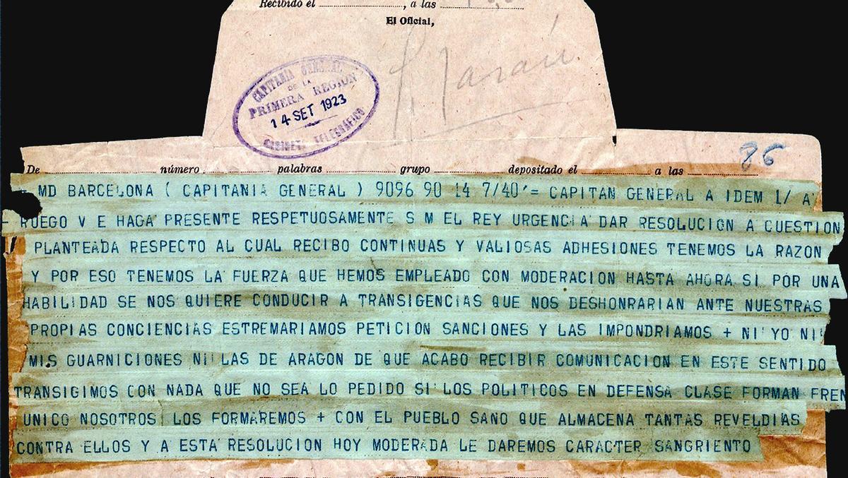Telegrama enviado por Primo a Muñoz Cobos en septiembre del 23.