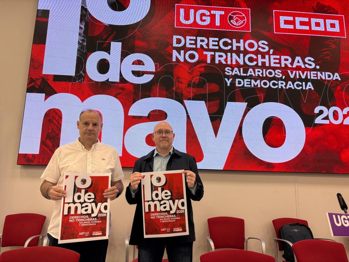 José Juan Arceiz y Manuel Pina, secretarios generales de UGT y CCOO de Aragón, en la presentación de las movilizaciones del Primero de Mayo de 2026.