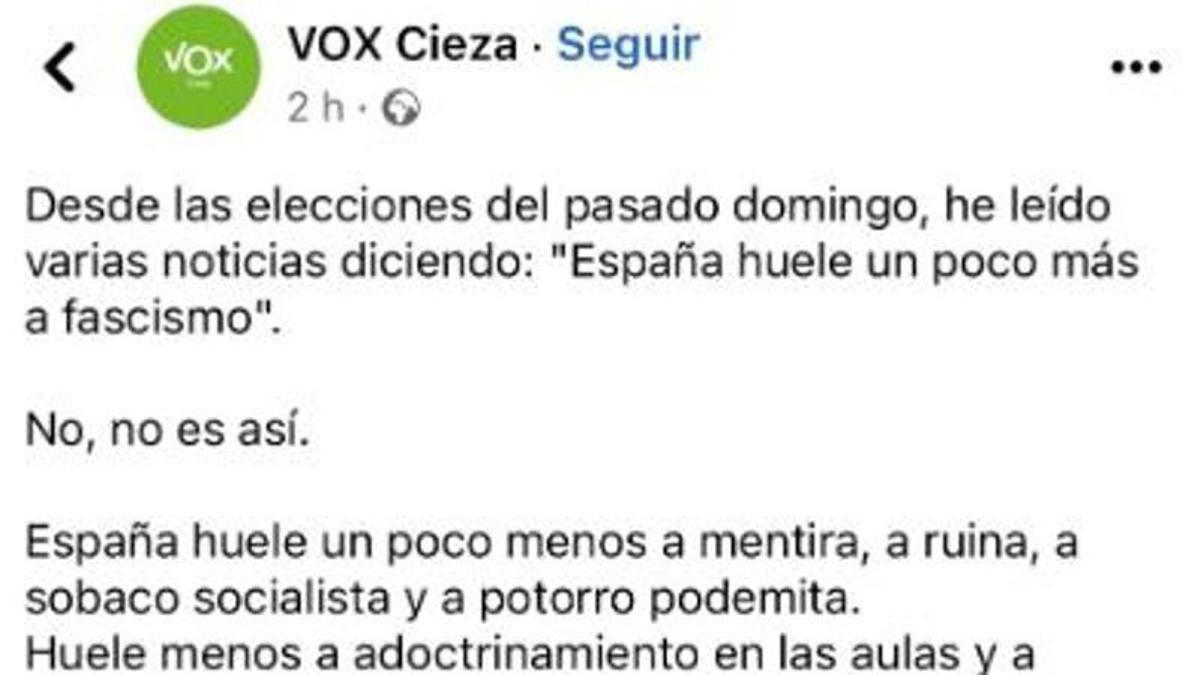 El inicio del post de Vox Cieza