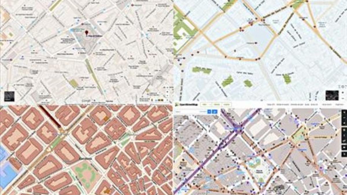 Arriba, capturas del mapa de Barcelona en Google Maps y Here. Abajo, las mismas capturas en Tomtom y Openstreetmap.
